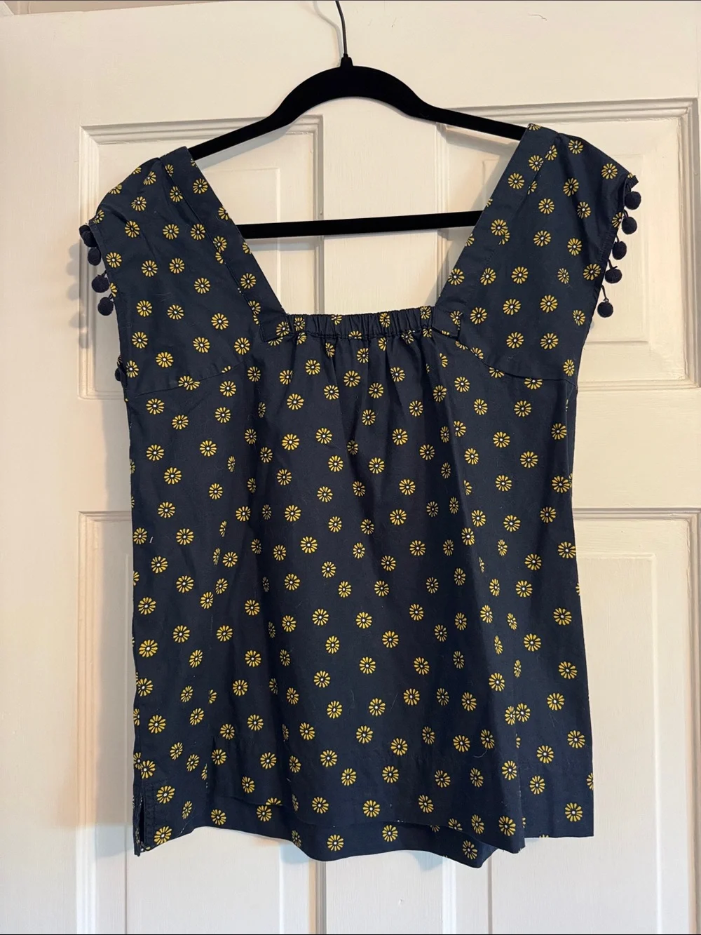 J. Crew Navy Blue Tank Top with Yellow Floral Pom-Pom Trim